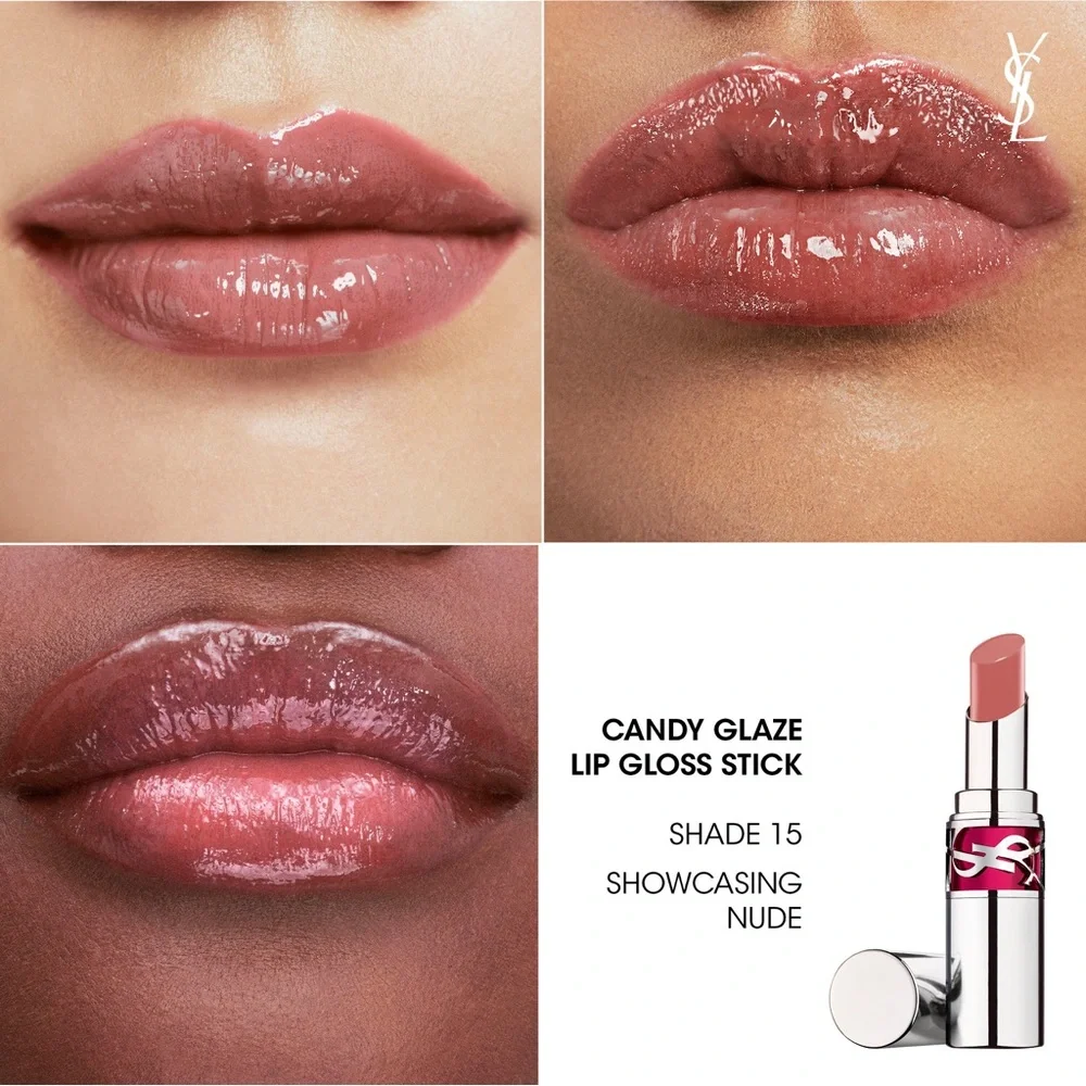 YSL Rouge Volupte Candy Glaze - Shade 15 Showcasing Nude